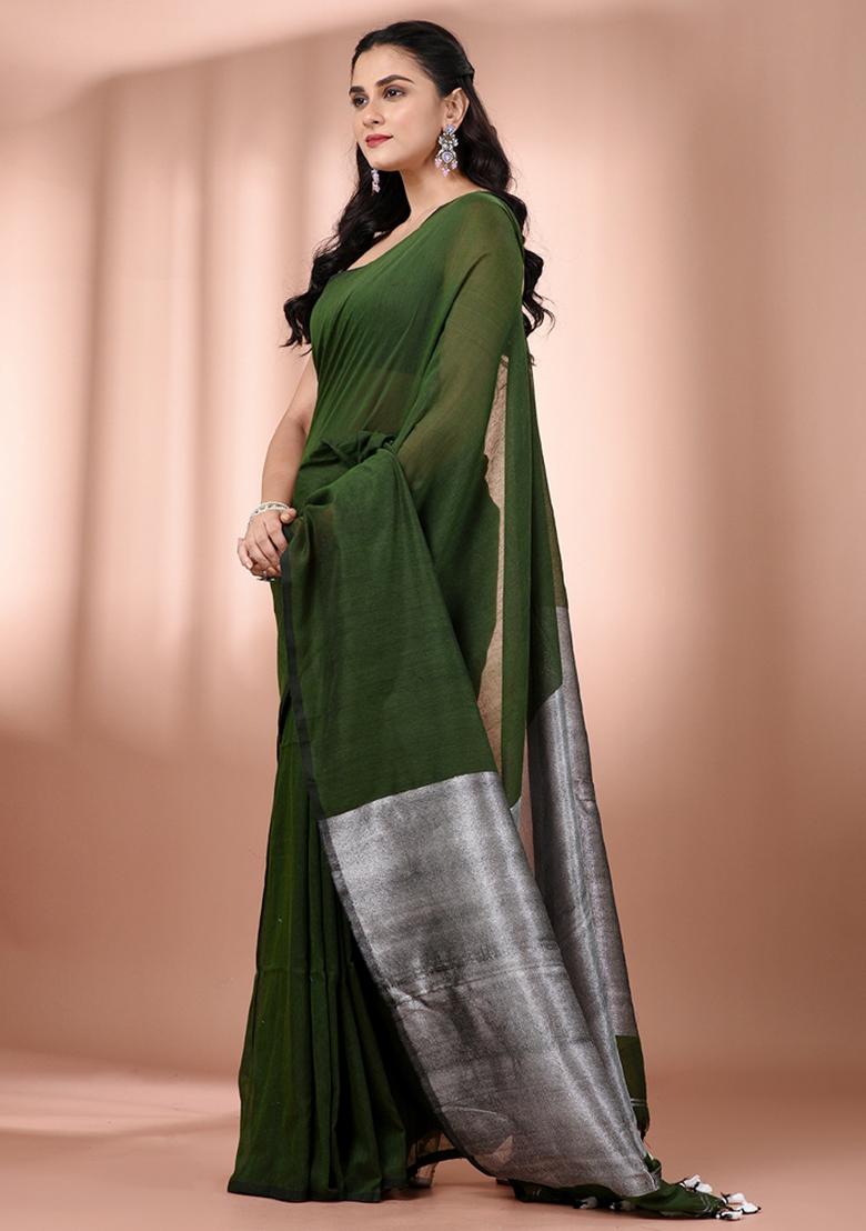Forest Green Floral Embroidery Cotton Saree Set - Indya