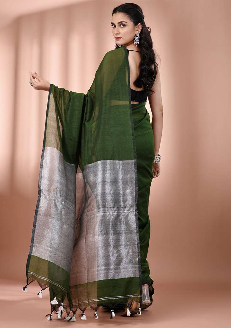 Forest Green Floral Cotton Saree Set with Embroidery for Diwali | Wedding & Festive Wear - Indya
