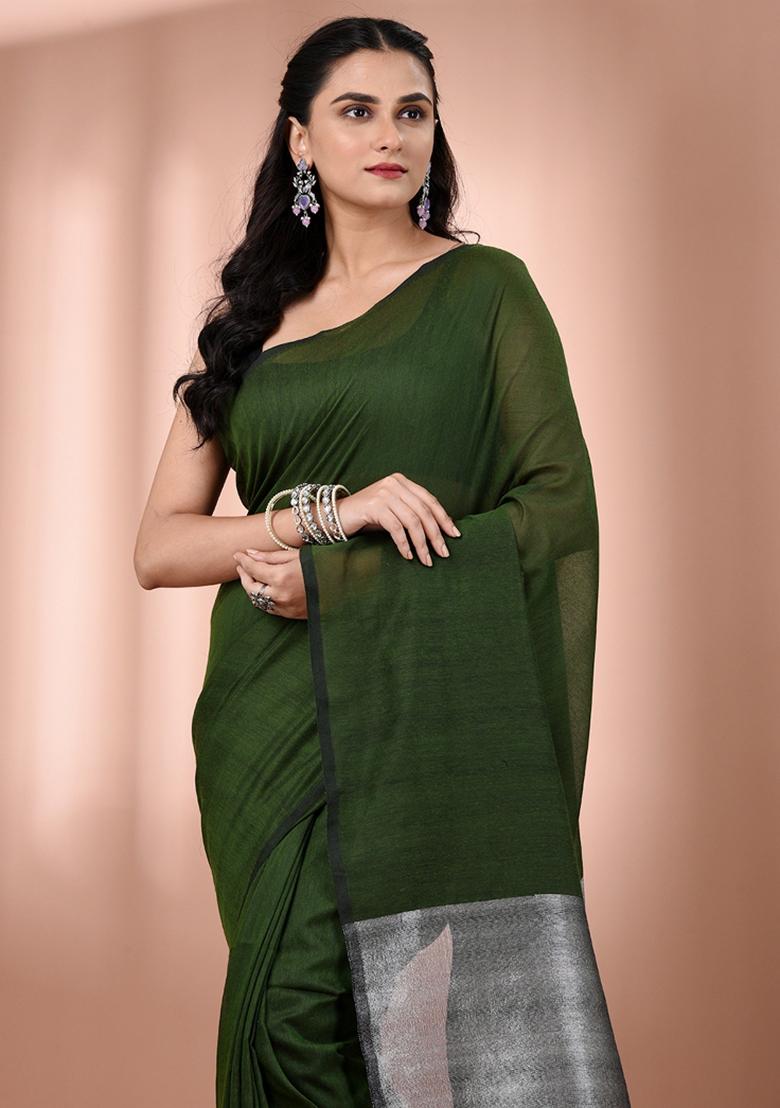 Forest Green Floral Embroidery Cotton Saree Set - Indya