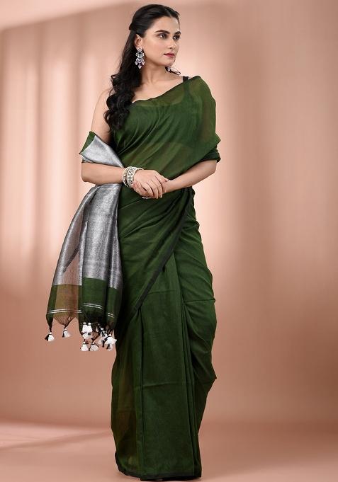 Forest Green Floral Embroidery Cotton Saree Set