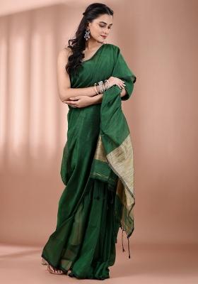 Green Floral Embroidery Cotton Saree Set