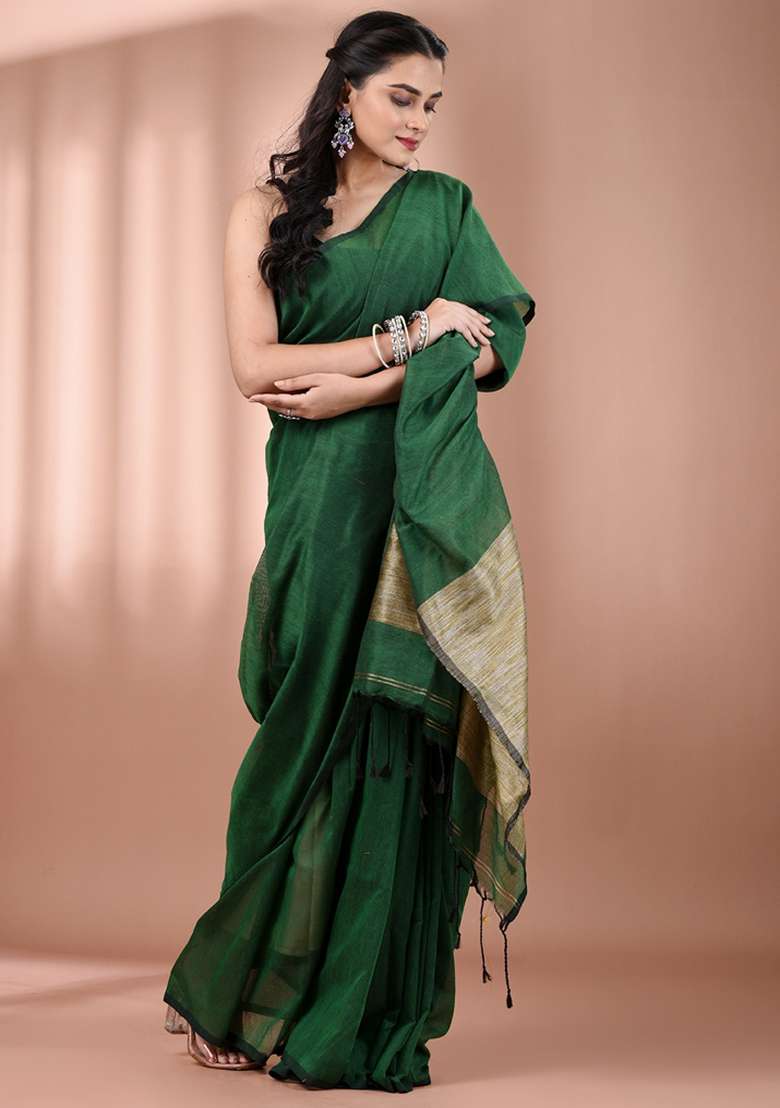 Green Floral Embroidery Cotton Saree Set for Diwali and Festive Wear - Indya
