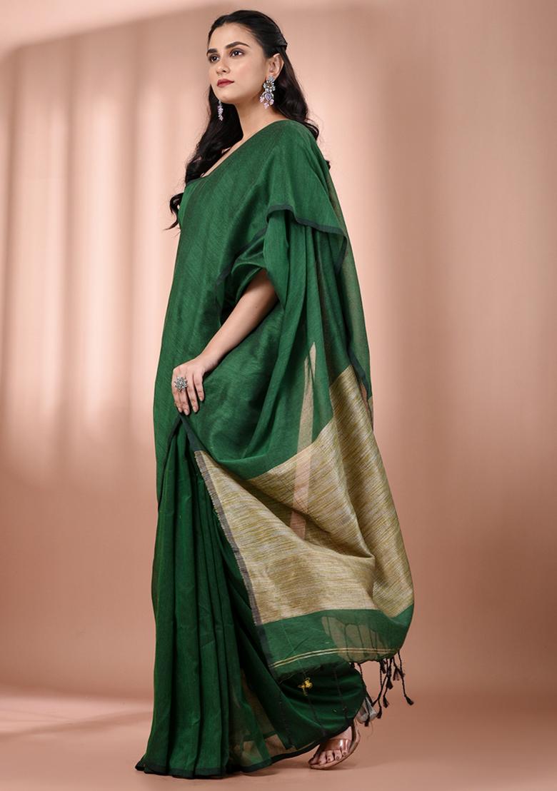 Green Floral Embroidery Cotton Saree Set - Indya