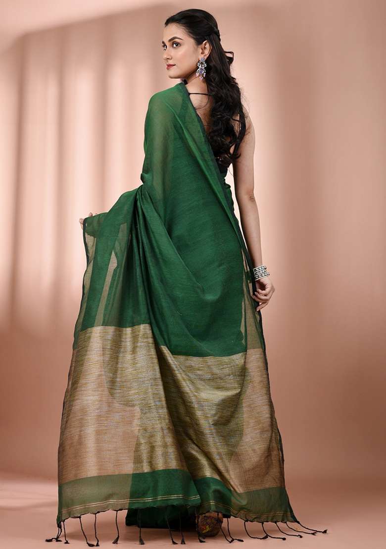 Green Floral Embroidery Cotton Saree Set for Diwali and Festive Wear - Indya