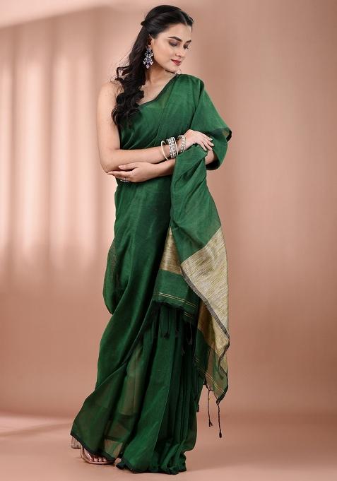 Green Floral Embroidery Cotton Saree Set