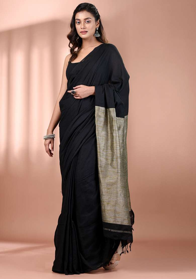 Black Floral Cotton Saree Set with Embroidery for Diwali | Wedding & Festive Wear - Indya