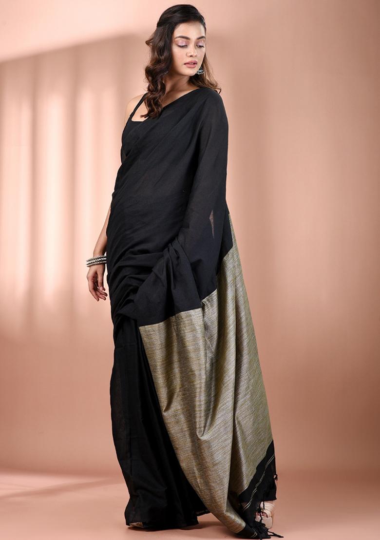 Black Floral Embroidery Cotton Saree Set - Indya