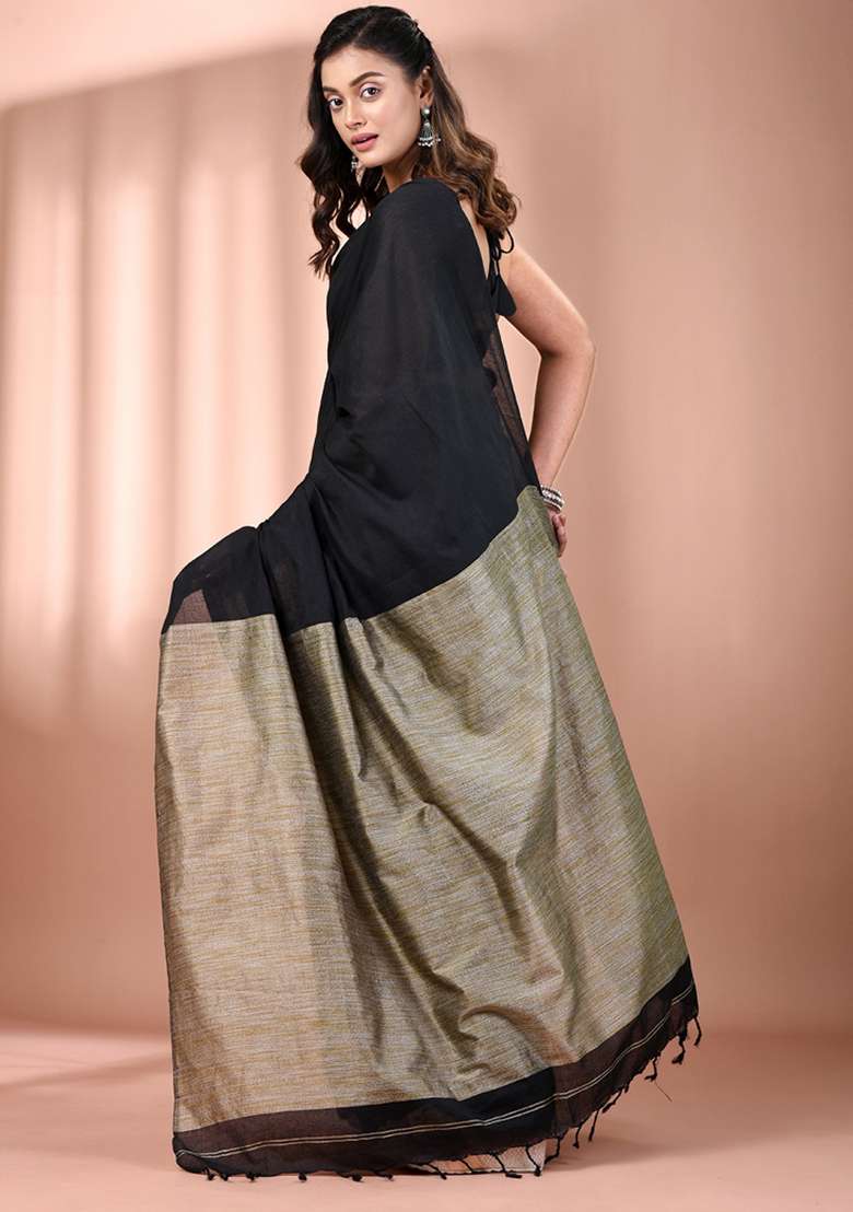 Black Floral Cotton Saree Set with Embroidery for Diwali | Wedding & Festive Wear - Indya