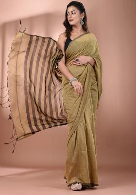 Beige Floral Embroidery Cotton Saree Set