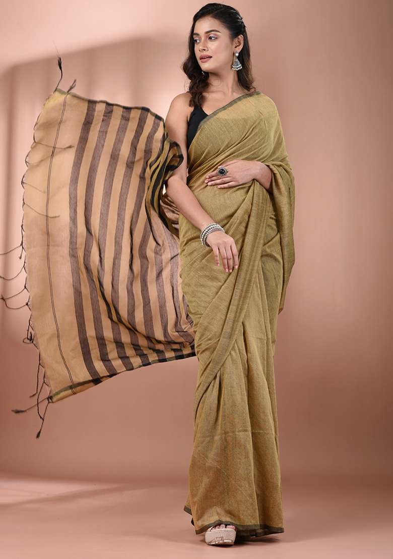 Beige Floral Cotton Saree Set with Embroidery for Diwali | Wedding & Festive Wear - Indya