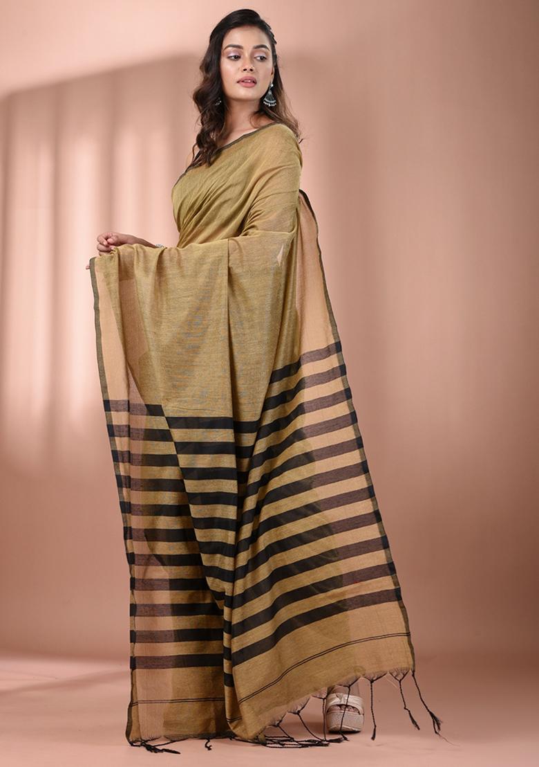 Beige Floral Embroidery Cotton Saree Set - Indya