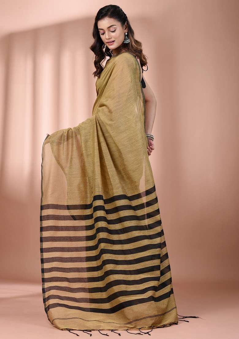 Beige Floral Cotton Saree Set with Embroidery for Diwali | Wedding & Festive Wear - Indya