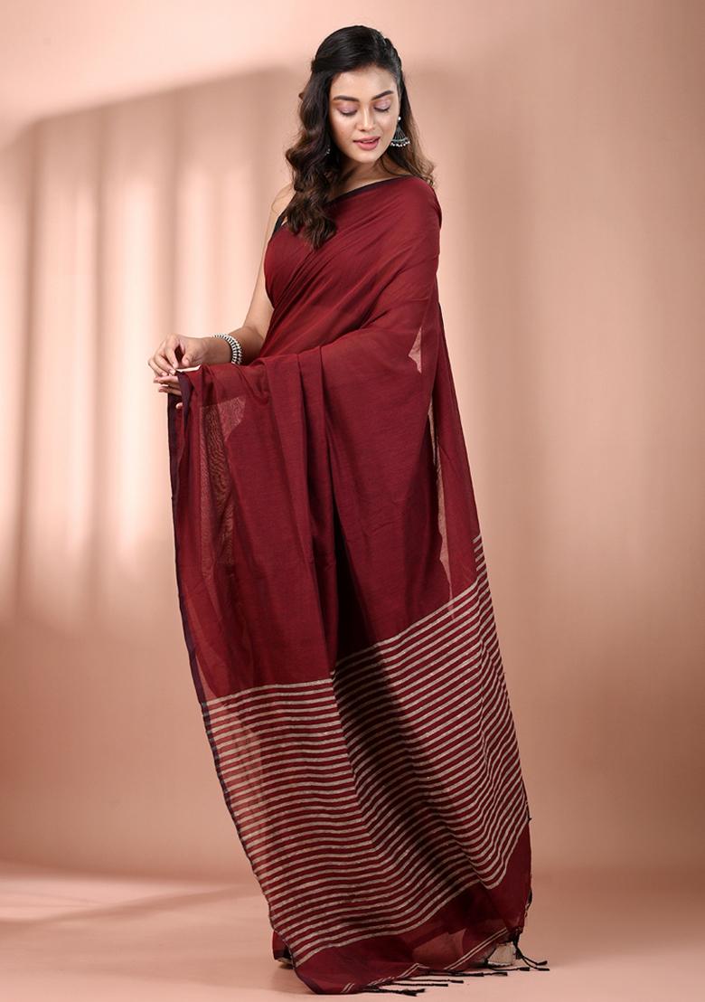 Dark Red Floral Embroidery Cotton Saree Set - Indya