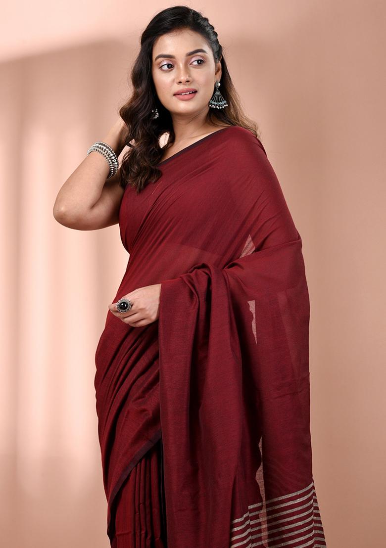 Dark Red Floral Embroidery Cotton Saree Set - Indya
