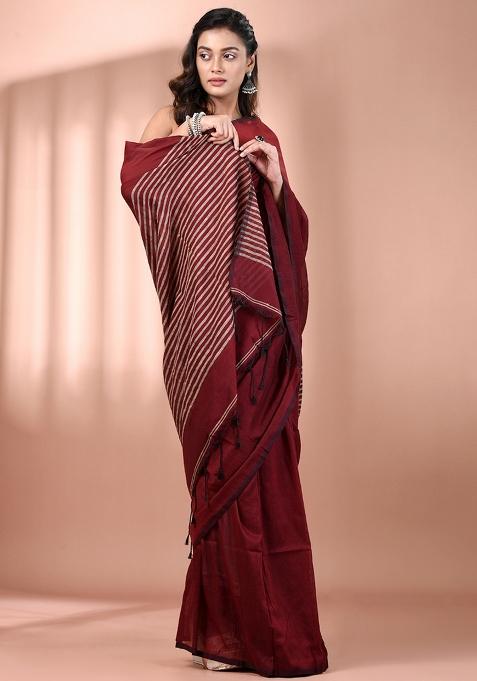 Dark Red Floral Embroidery Cotton Saree Set
