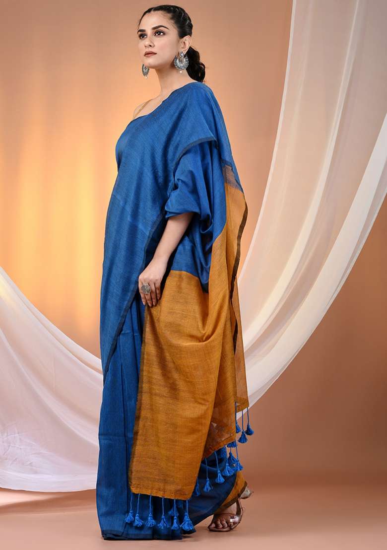 Yale Blue Floral Cotton Saree Set with Embroidery for Diwali | Wedding & Festive Wear - Indya