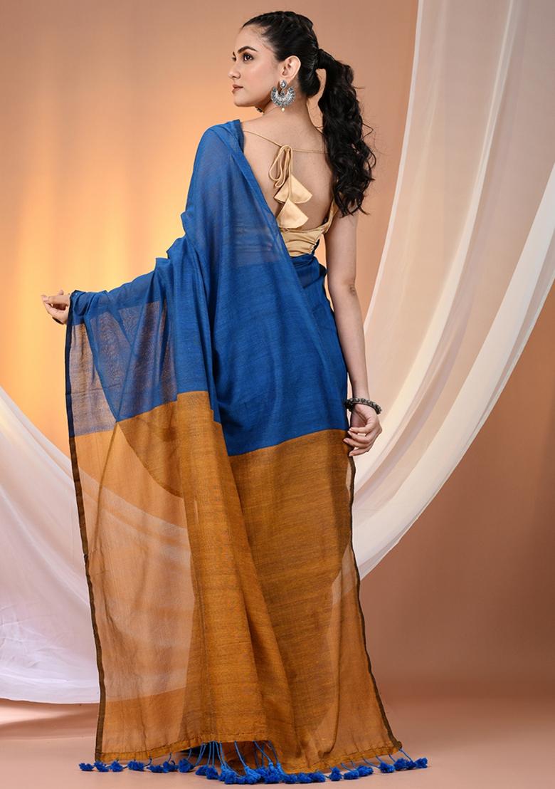 Yale Blue Floral Embroidery Cotton Saree Set - Indya