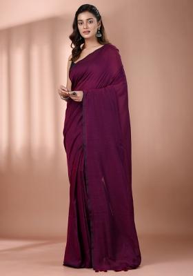 Magenta Floral Embroidery Cotton Saree Set