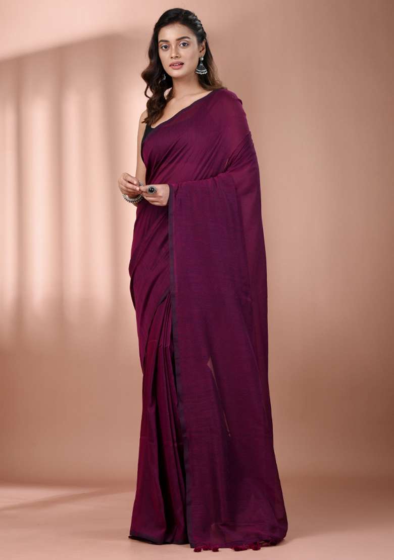 Magenta Floral Embroidery Cotton Saree Set for Diwali and Festive Wear - Indya