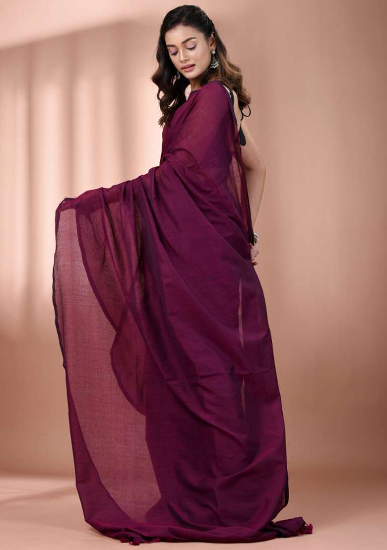 Magenta Floral Embroidery Cotton Saree Set for Diwali and Festive Wear - Indya