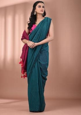 Teal Floral Embroidery Cotton Saree Set