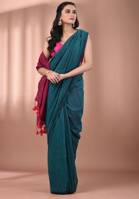 Teal Floral Embroidery Cotton Saree Set