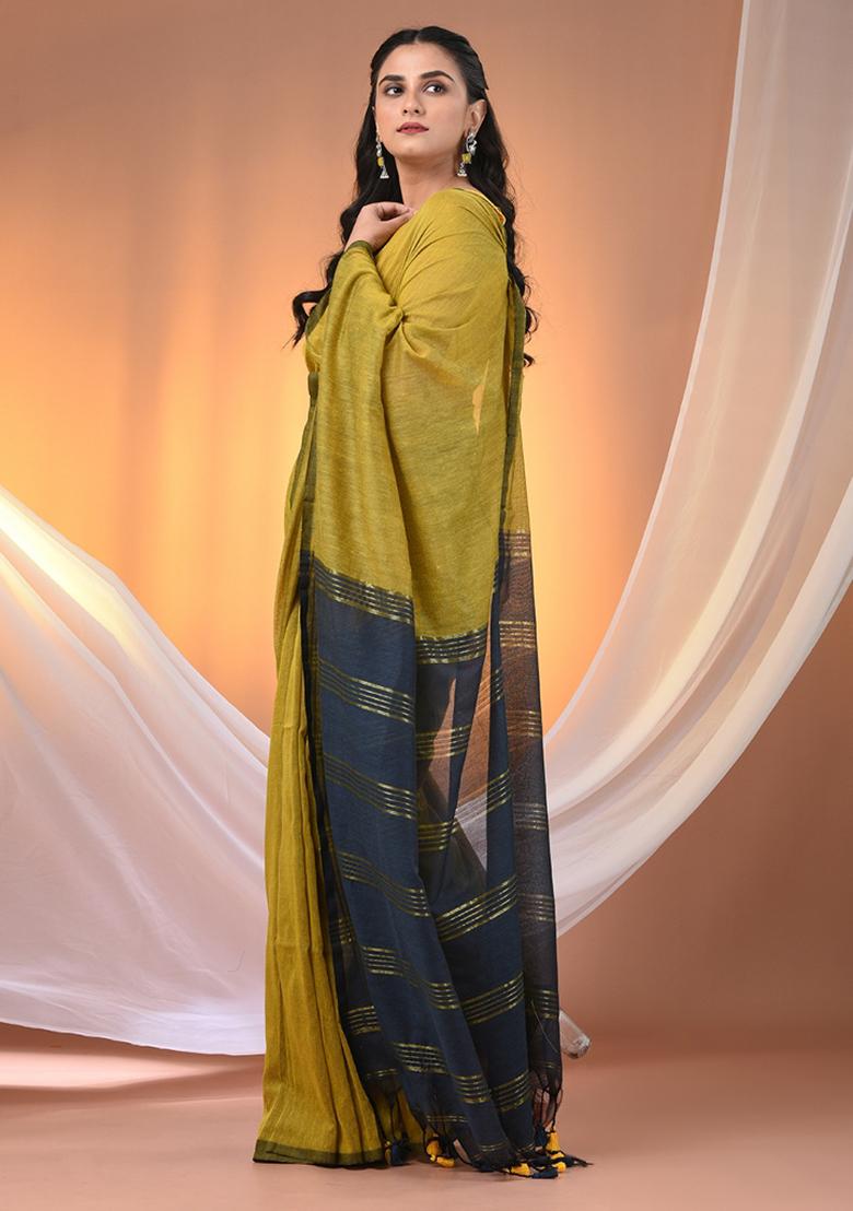 Corn Yellow Floral Embroidery Cotton Saree Set - Indya