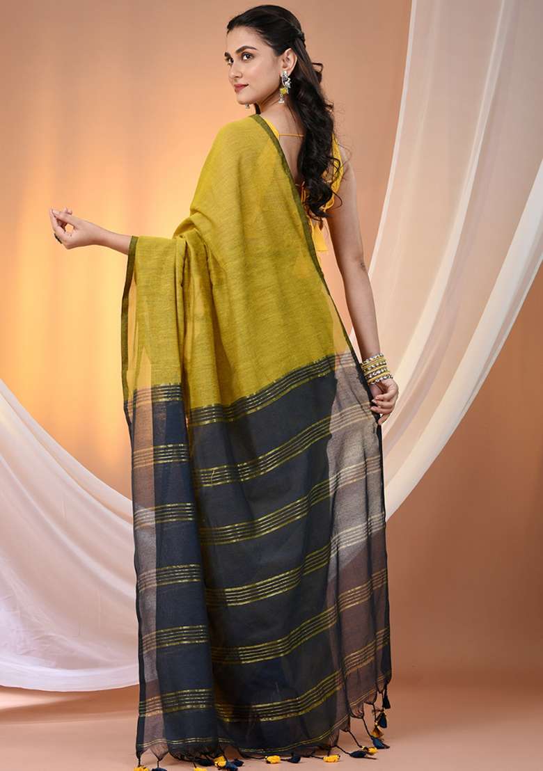 Corn Yellow Floral Cotton Saree Set with Embroidery for Diwali | Wedding & Festive Wear - Indya