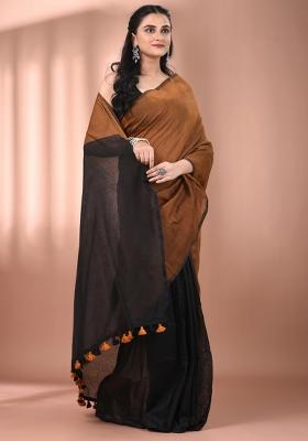 Mustard And Black Floral Embroidery Cotton Saree Set