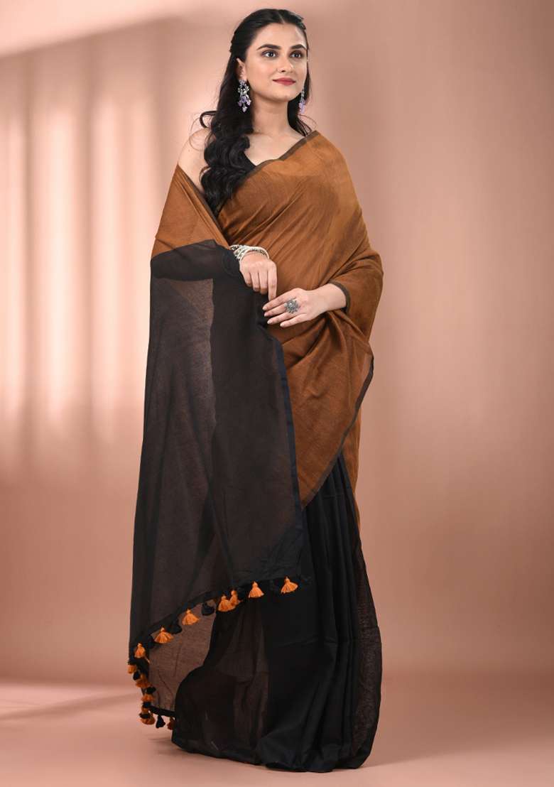 Mustard And Black Floral Cotton Saree Set with Embroidery for Diwali | Wedding & Festive Wear - Indya