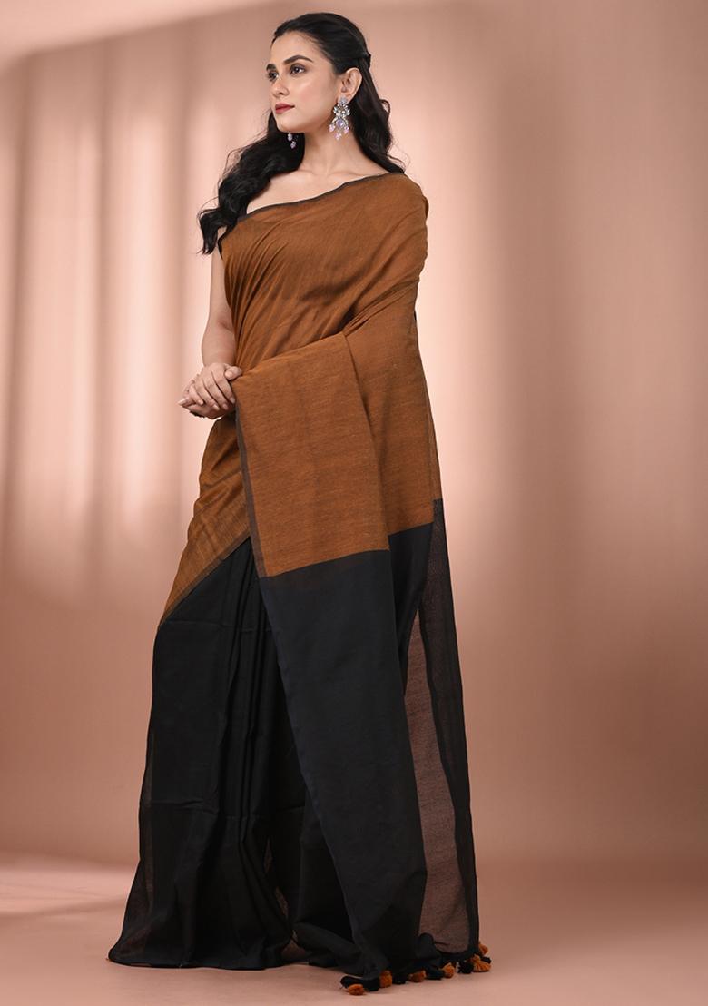 Mustard And Black Floral Embroidery Cotton Saree Set - Indya