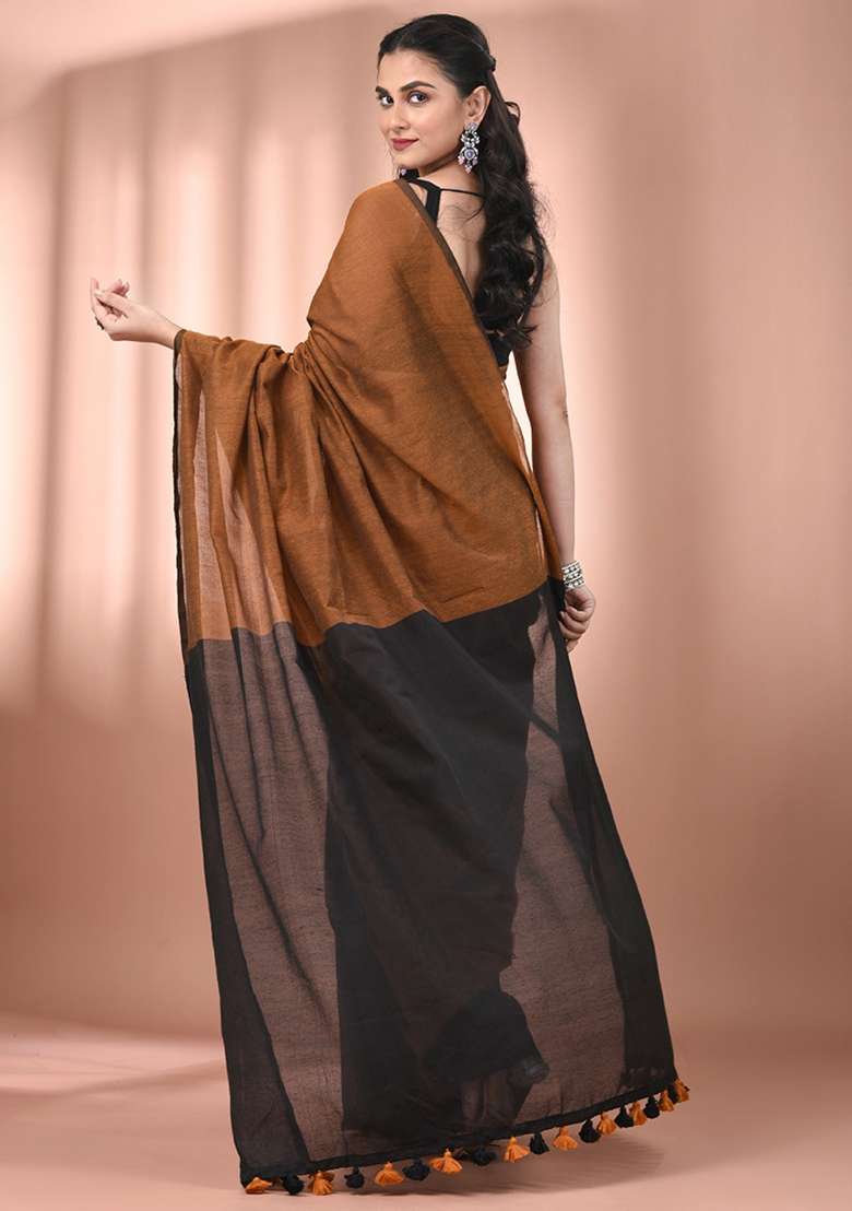 Mustard And Black Floral Cotton Saree Set with Embroidery for Diwali | Wedding & Festive Wear - Indya