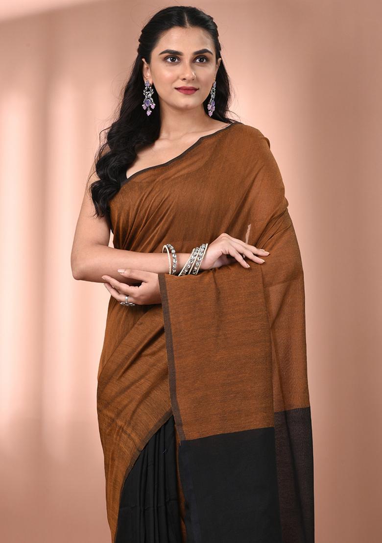 Mustard And Black Floral Embroidery Cotton Saree Set - Indya