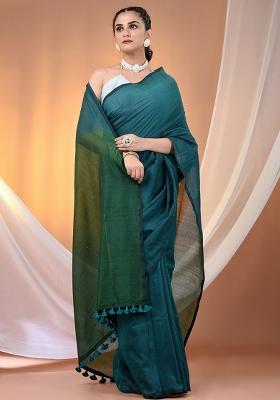 Teal Floral Embroidery Cotton Saree Set