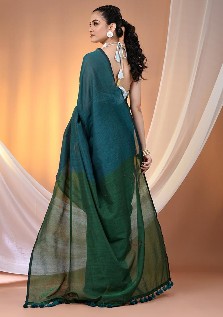 Teal Floral Embroidery Cotton Saree Set