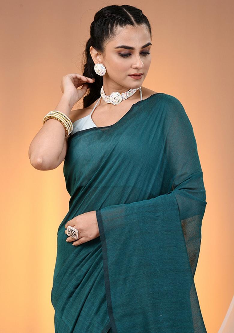 Teal Floral Embroidery Cotton Saree Set - Indya
