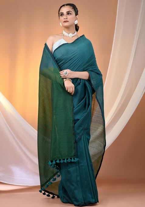 Teal Floral Embroidery Cotton Saree Set
