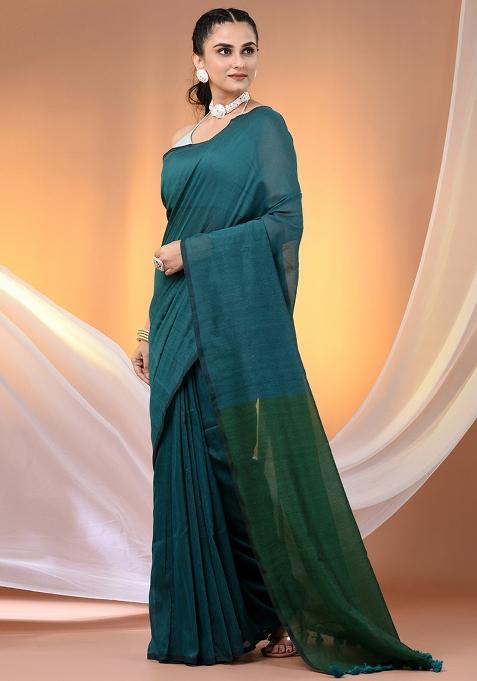 Teal Floral Embroidery Cotton Saree Set