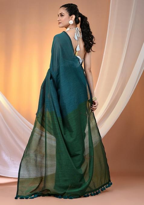 Teal Floral Embroidery Cotton Saree Set