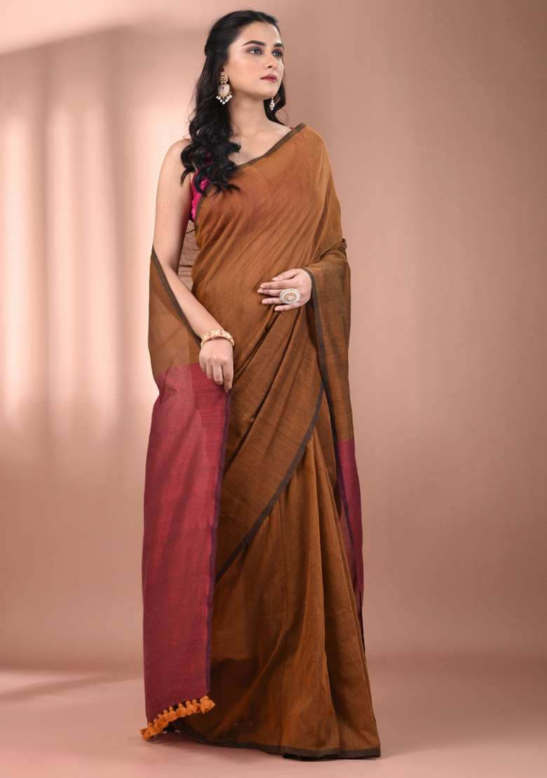 Mustard Floral Embroidery Cotton Saree Set for Diwali and Festive Wear - Indya