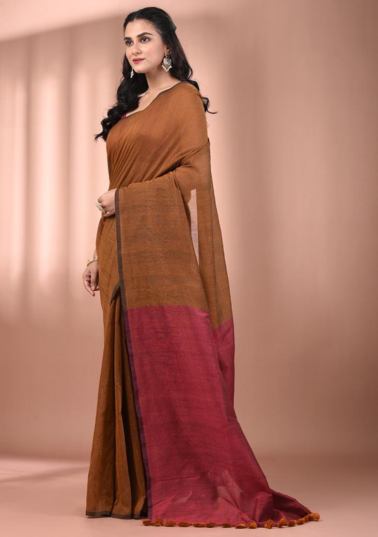 Mustard Floral Embroidery Cotton Saree Set - Indya