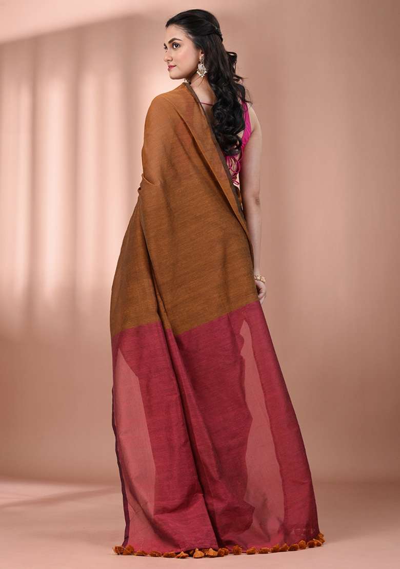 Mustard Floral Embroidery Cotton Saree Set for Diwali and Festive Wear - Indya