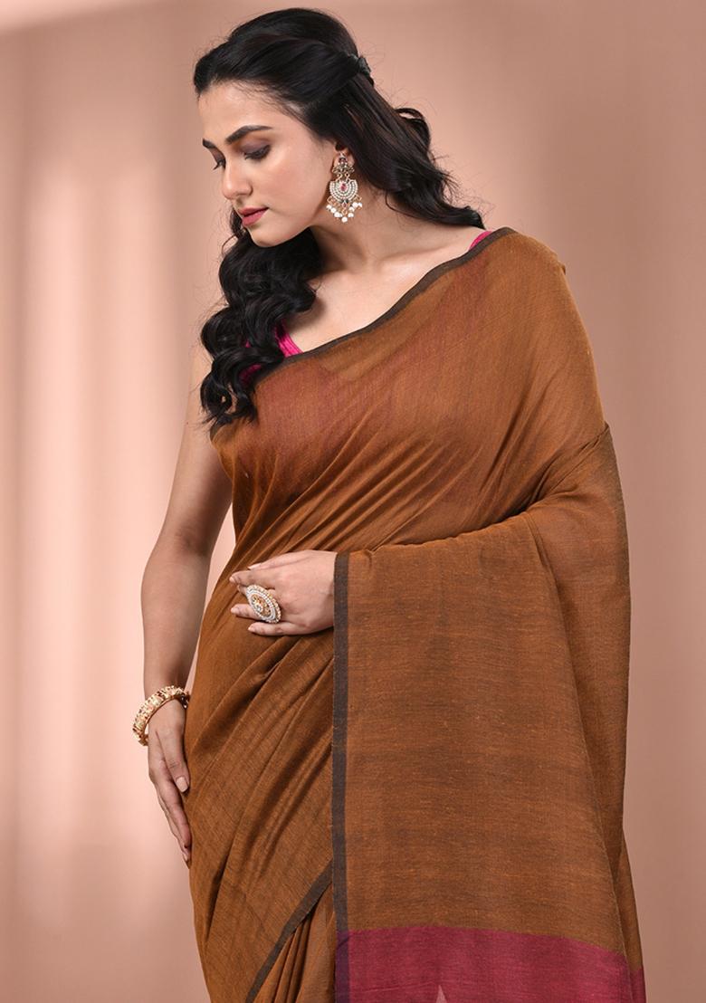 Mustard Floral Embroidery Cotton Saree Set - Indya