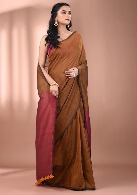 Mustard Floral Embroidery Cotton Saree Set