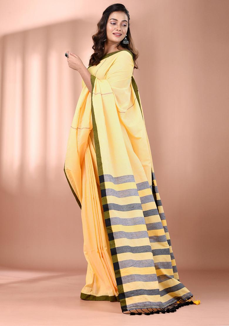 Yellow Floral Embroidery Cotton Saree Set - Indya