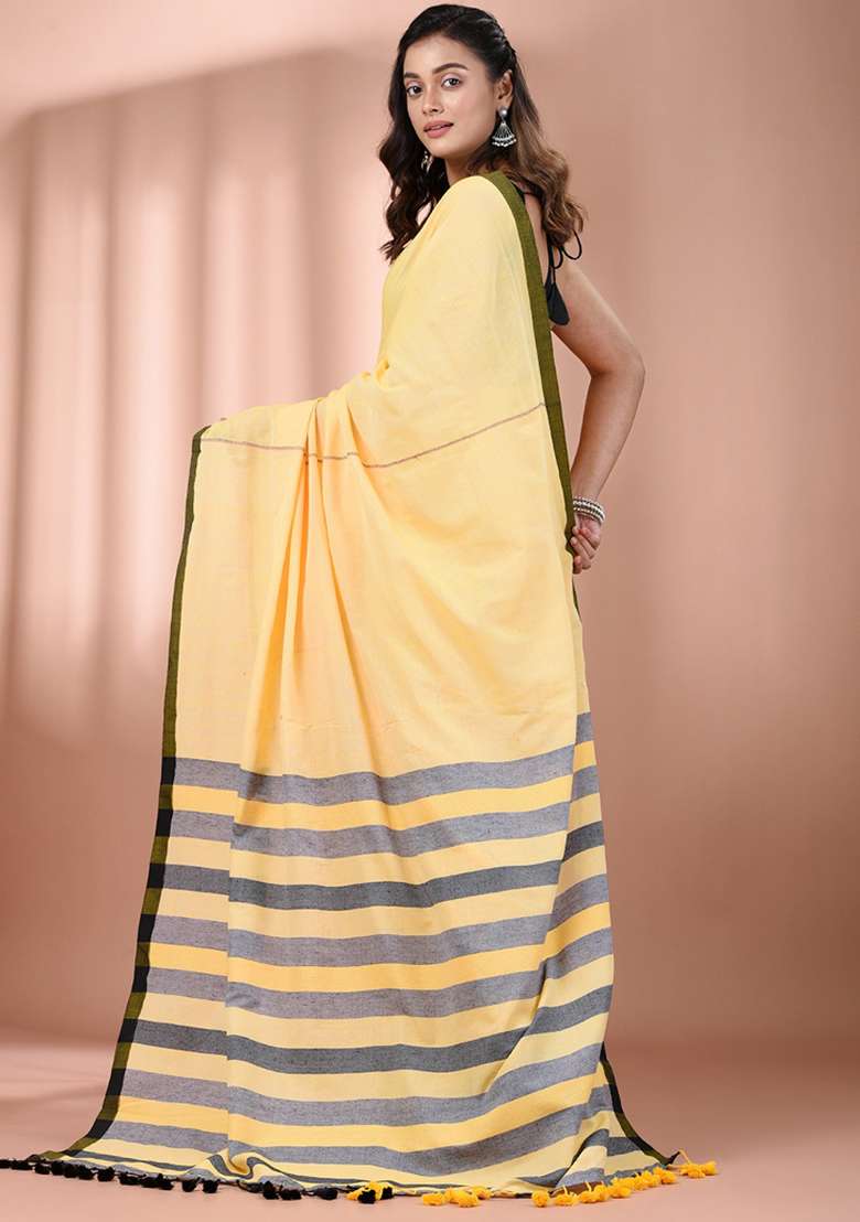 Yellow Floral Cotton Saree Set with Embroidery for Diwali | Wedding & Festive Wear - Indya