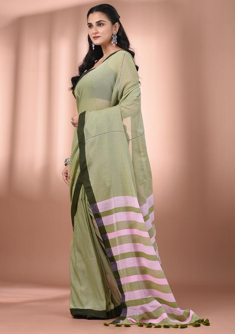 Olive Green Floral Embroidery Cotton Saree Set - Indya