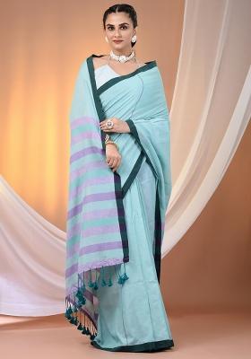 Sea Green Floral Embroidery Cotton Saree Set