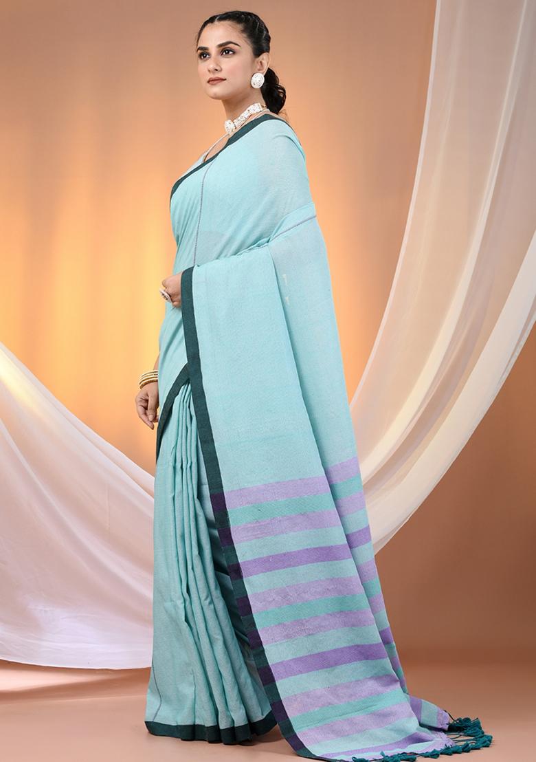 Sea Green Floral Embroidery Cotton Saree Set - Indya