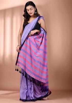Lavender Floral Embroidery Cotton Saree Set
